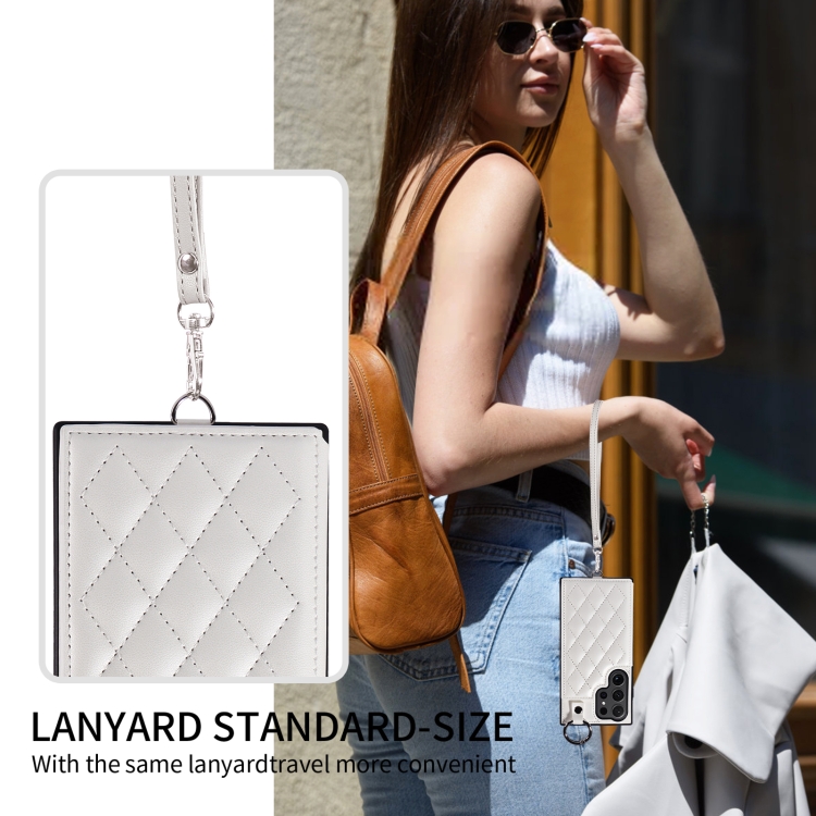 For Samsung Galaxy S24 Ultra 5G Rhombic Texture Card Bag Phone Case with Short Lanyard(White) For Samsung Galaxy S24 Ultra 5G Rhombic Texture Card Bag Phone Case with Short Lanyard(White)