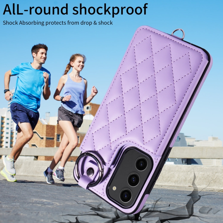 For Samsung Galaxy S23+ 5G Rhombic Texture Card Bag Phone Case with Short Lanyard(Purple) For Samsung Galaxy S23+ 5G Rhombic Texture Card Bag Phone Case with Short Lanyard(Purple)