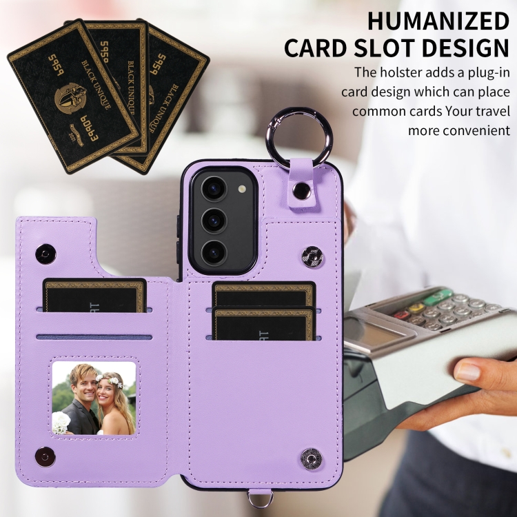 For Samsung Galaxy S23+ 5G Rhombic Texture Card Bag Phone Case with Short Lanyard(Purple) For Samsung Galaxy S23+ 5G Rhombic Texture Card Bag Phone Case with Short Lanyard(Purple)