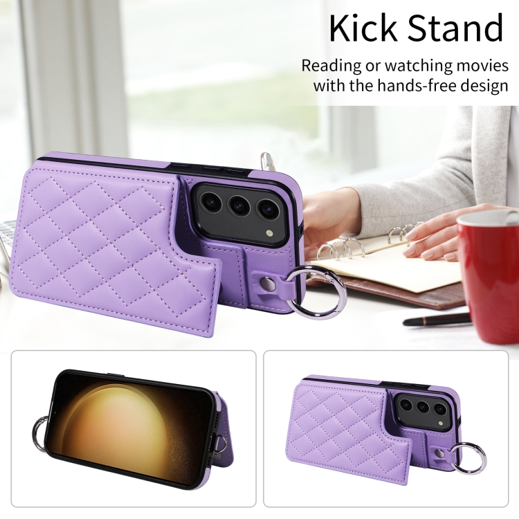 For Samsung Galaxy S23+ 5G Rhombic Texture Card Bag Phone Case with Short Lanyard(Purple) For Samsung Galaxy S23+ 5G Rhombic Texture Card Bag Phone Case with Short Lanyard(Purple)
