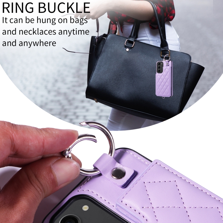 For Samsung Galaxy S23+ 5G Rhombic Texture Card Bag Phone Case with Short Lanyard(Purple) For Samsung Galaxy S23+ 5G Rhombic Texture Card Bag Phone Case with Short Lanyard(Purple)