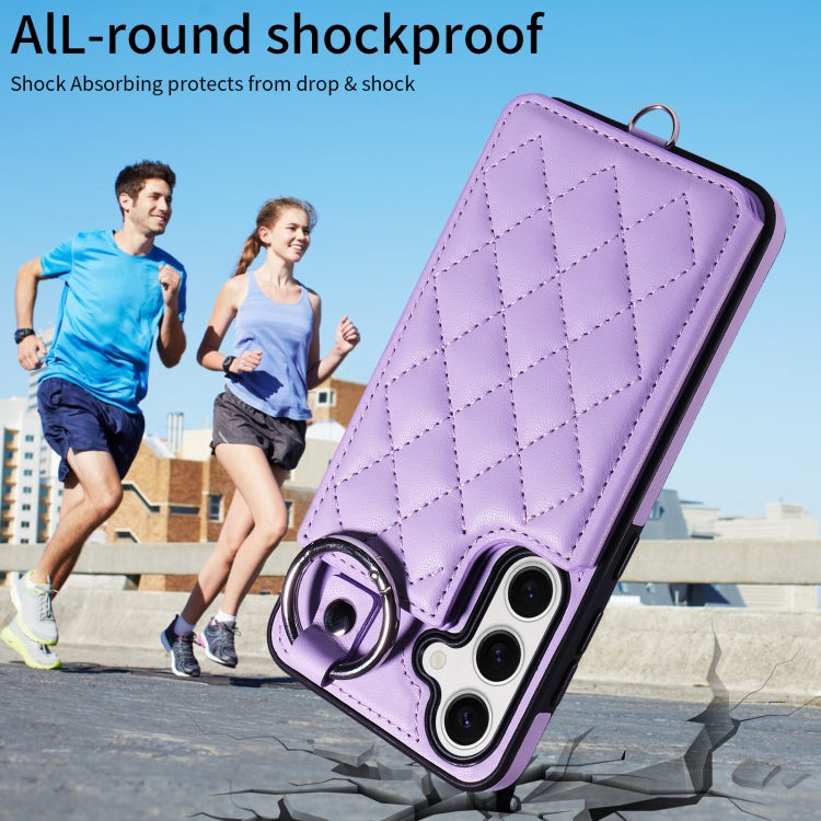 For Samsung Galaxy S24 5G Rhombic Texture Card Bag Phone Case with Short Lanyard(Purple) For Samsung Galaxy S24 5G Rhombic Texture Card Bag Phone Case with Short Lanyard(Purple)