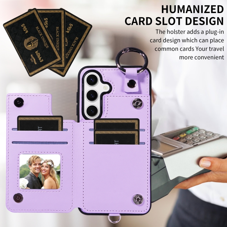 For Samsung Galaxy S24 5G Rhombic Texture Card Bag Phone Case with Short Lanyard(Purple) For Samsung Galaxy S24 5G Rhombic Texture Card Bag Phone Case with Short Lanyard(Purple)