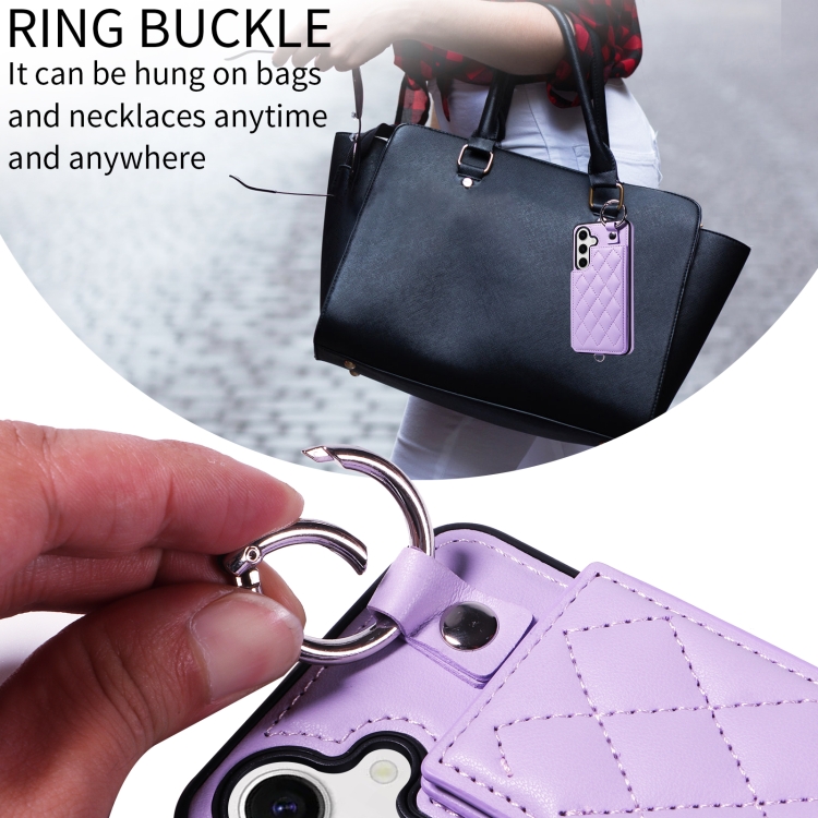 For Samsung Galaxy S24 5G Rhombic Texture Card Bag Phone Case with Short Lanyard(Purple) For Samsung Galaxy S24 5G Rhombic Texture Card Bag Phone Case with Short Lanyard(Purple)