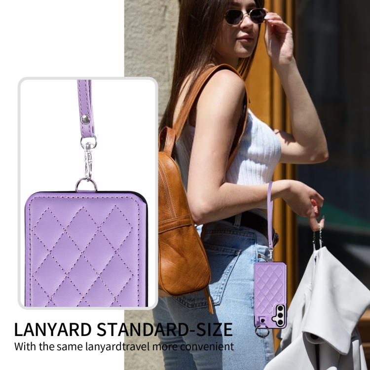 For Samsung Galaxy S24 5G Rhombic Texture Card Bag Phone Case with Short Lanyard(Purple) For Samsung Galaxy S24 5G Rhombic Texture Card Bag Phone Case with Short Lanyard(Purple)