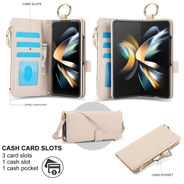For Samsung Galaxy Z Fold4 Crossbody Ring Multifunctional Wallet Fold Leather Phone Case(White)