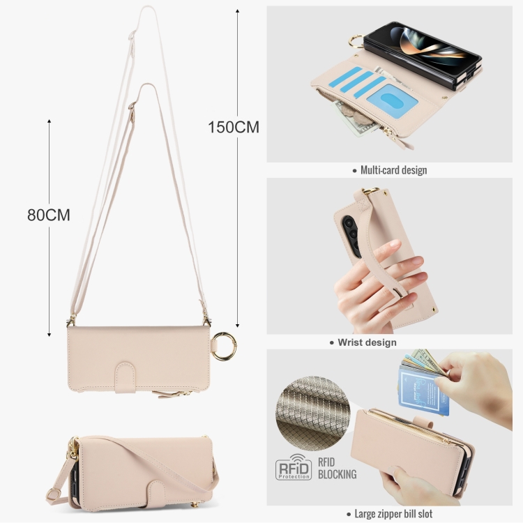For Samsung Galaxy Z Fold4 Crossbody Ring Multifunctional Wallet Fold Leather Phone Case(White)