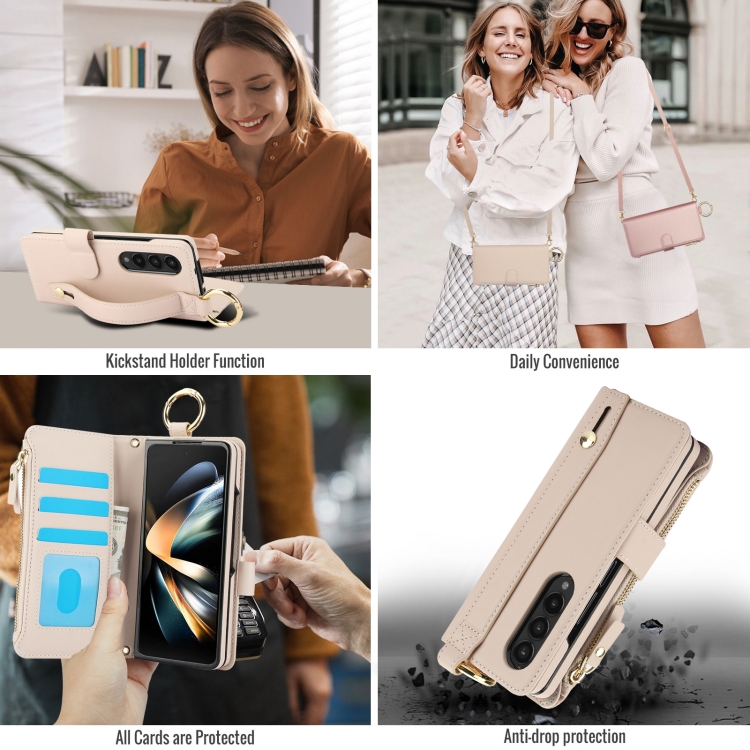For Samsung Galaxy Z Fold4 Crossbody Ring Multifunctional Wallet Fold Leather Phone Case(White)