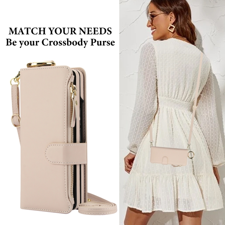 For Samsung Galaxy Z Fold4 Crossbody Ring Multifunctional Wallet Fold Leather Phone Case(White)