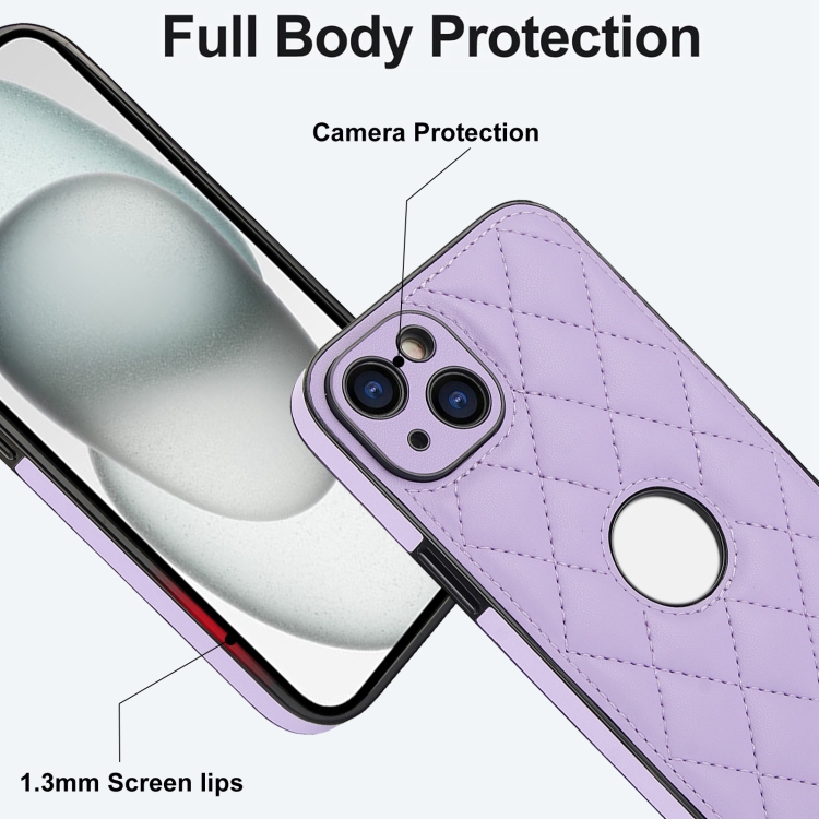 For iPhone 14 Rhombic Leather Back Cover Phone Case(Purple) For iPhone 14 Rhombic Leather Back Cover Phone Case(Purple)