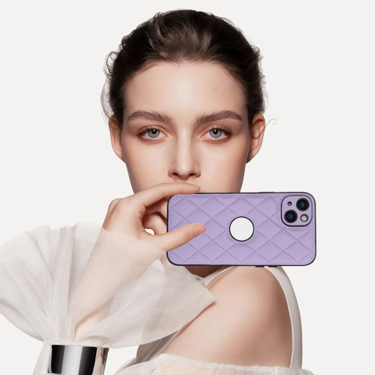 For iPhone 14 Rhombic Leather Back Cover Phone Case(Purple) For iPhone 14 Rhombic Leather Back Cover Phone Case(Purple)