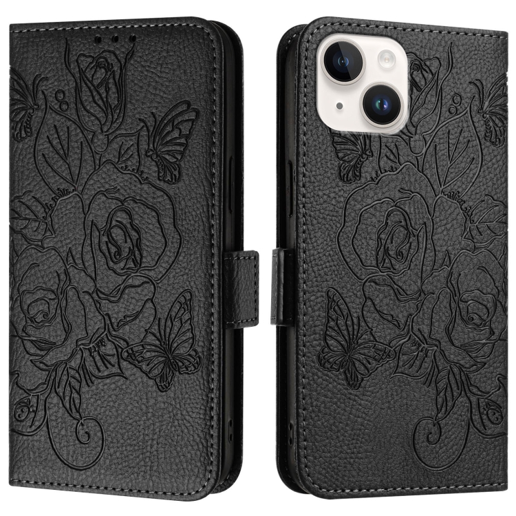 For iPhone 15 Plus Embossed Rose RFID Anti-theft Leather Phone Case(Black) For iPhone 15 Plus Embossed Rose RFID Anti-theft Leather Phone Case(Black)