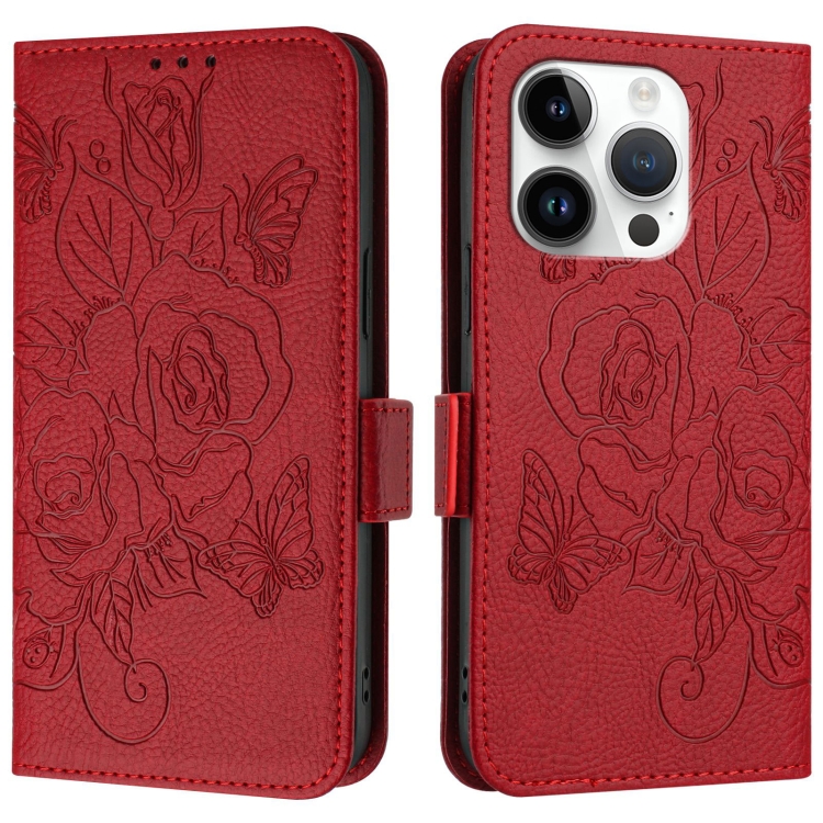For iPhone 15 Pro Embossed Rose RFID Anti-theft Leather Phone Case(Red) For iPhone 15 Pro Embossed Rose RFID Anti-theft Leather Phone Case(Red)