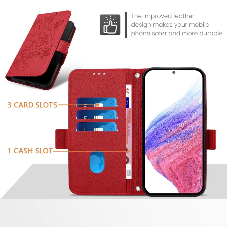 For iPhone 15 Pro Embossed Rose RFID Anti-theft Leather Phone Case(Red) For iPhone 15 Pro Embossed Rose RFID Anti-theft Leather Phone Case(Red)