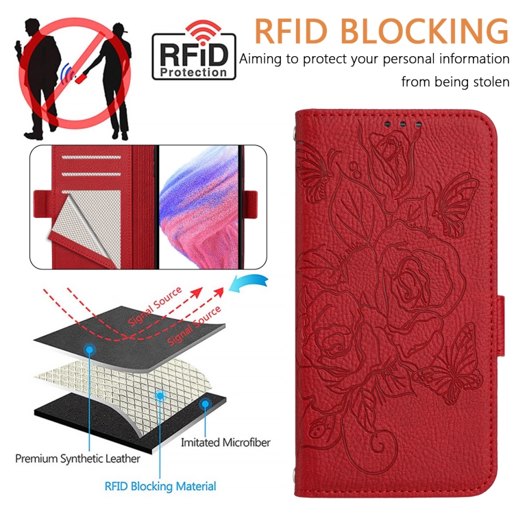 For iPhone 15 Pro Embossed Rose RFID Anti-theft Leather Phone Case(Red) For iPhone 15 Pro Embossed Rose RFID Anti-theft Leather Phone Case(Red)