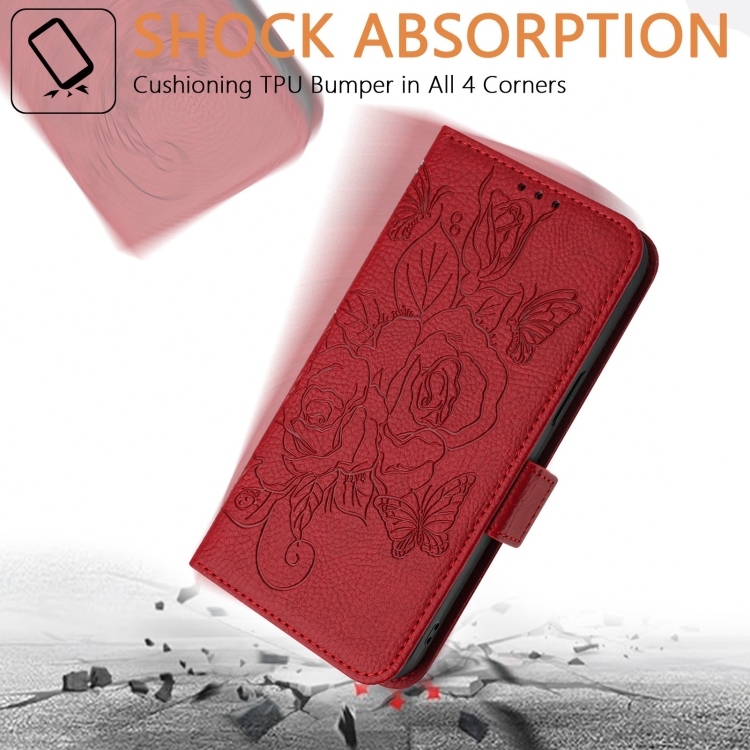 For iPhone 15 Pro Embossed Rose RFID Anti-theft Leather Phone Case(Red) For iPhone 15 Pro Embossed Rose RFID Anti-theft Leather Phone Case(Red)