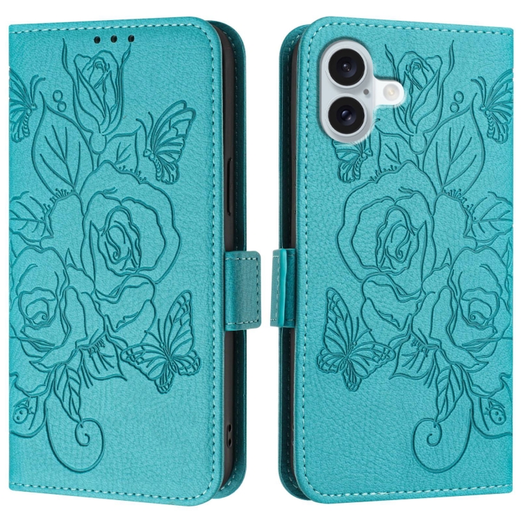 For iPhone 16 Plus Embossed Rose RFID Anti-theft Leather Phone Case(Light Blue) For iPhone 16 Plus Embossed Rose RFID Anti-theft Leather Phone Case(Light Blue)