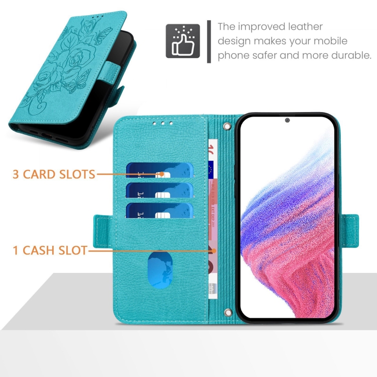 For iPhone 16 Plus Embossed Rose RFID Anti-theft Leather Phone Case(Light Blue) For iPhone 16 Plus Embossed Rose RFID Anti-theft Leather Phone Case(Light Blue)