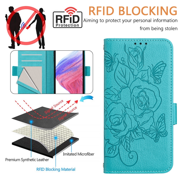 For iPhone 16 Plus Embossed Rose RFID Anti-theft Leather Phone Case(Light Blue) For iPhone 16 Plus Embossed Rose RFID Anti-theft Leather Phone Case(Light Blue)