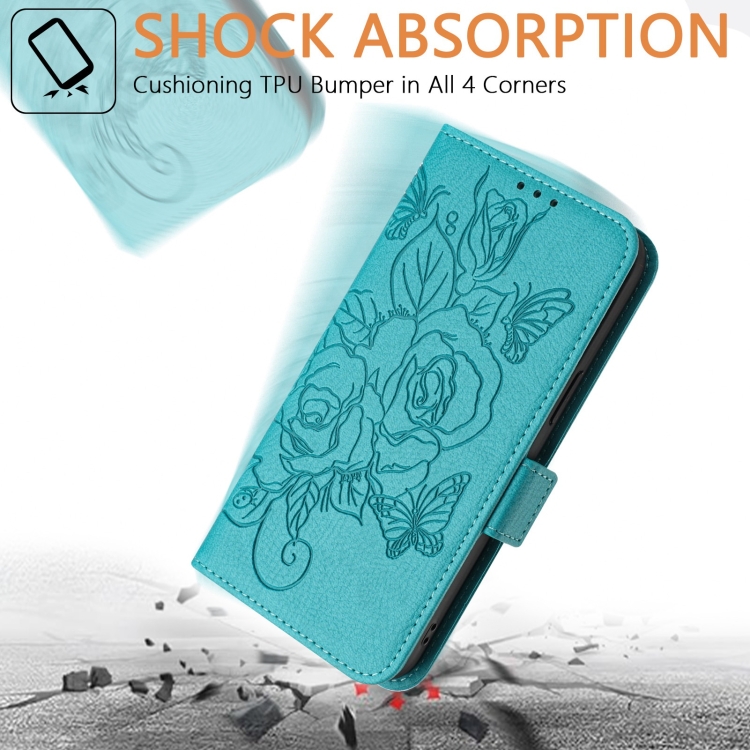 For iPhone 16 Plus Embossed Rose RFID Anti-theft Leather Phone Case(Light Blue) For iPhone 16 Plus Embossed Rose RFID Anti-theft Leather Phone Case(Light Blue)