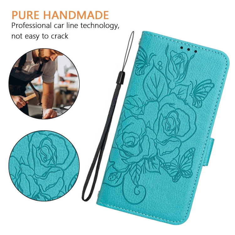 For iPhone 16 Plus Embossed Rose RFID Anti-theft Leather Phone Case(Light Blue) For iPhone 16 Plus Embossed Rose RFID Anti-theft Leather Phone Case(Light Blue)