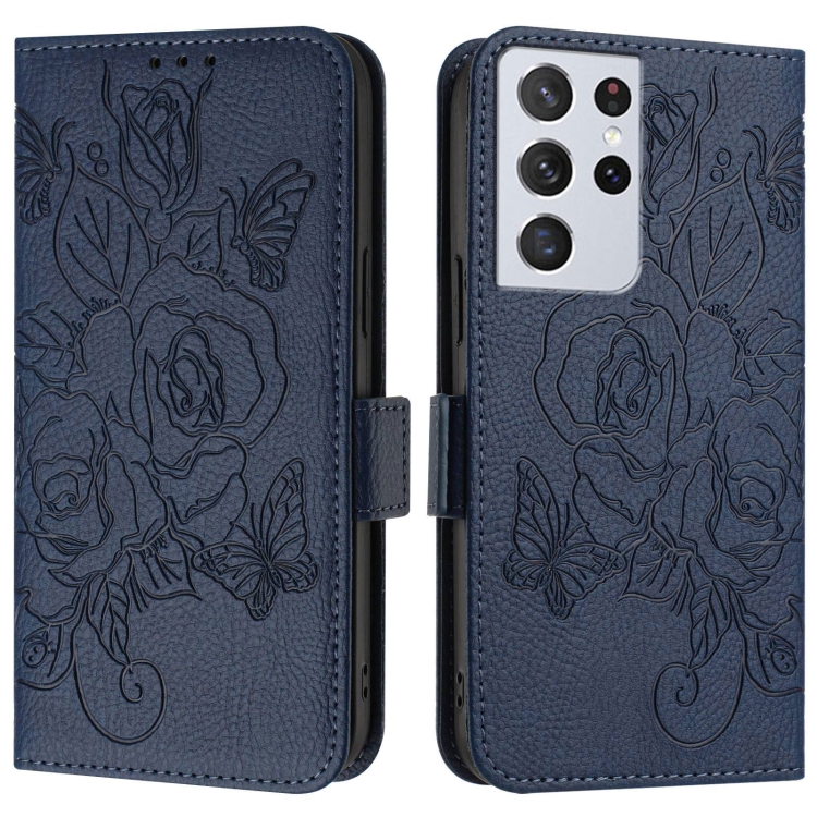 For Samsung Galaxy S21 Ultra 5G Embossed Rose RFID Anti-theft Leather Phone Case(Dark Blue) For Samsung Galaxy S21 Ultra 5G Embossed Rose RFID Anti-theft Leather Phone Case(Dark Blue)