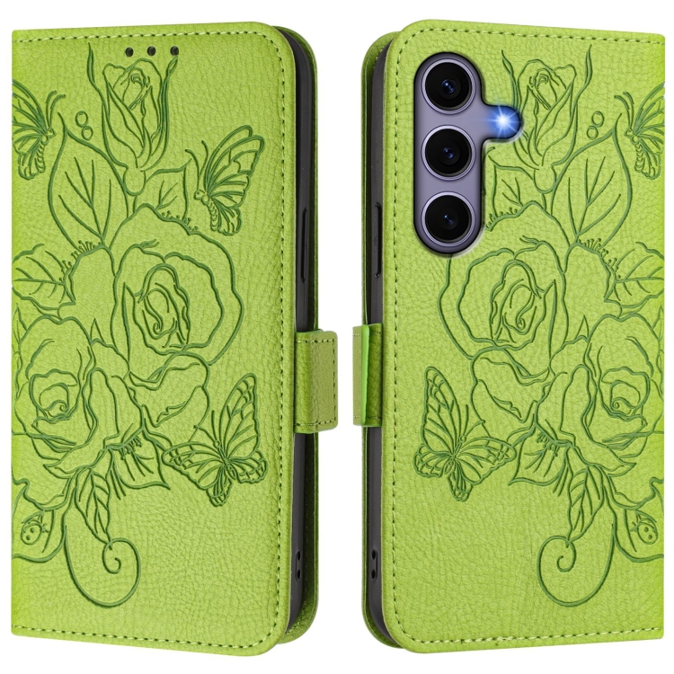 For Samsung Galaxy S25 5G Embossed Rose RFID Anti-theft Leather Phone Case(Green) For Samsung Galaxy S25 5G Embossed Rose RFID Anti-theft Leather Phone Case(Green)