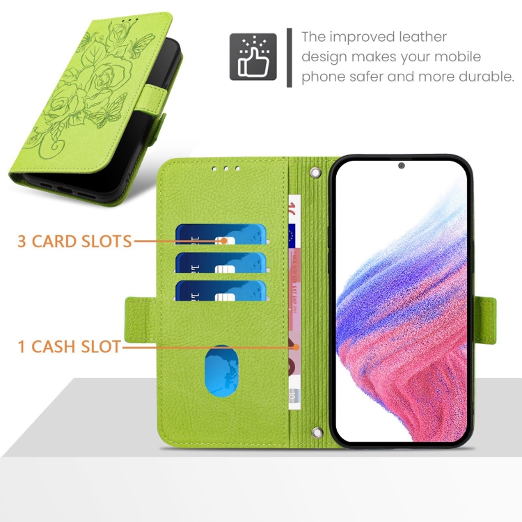 For Samsung Galaxy S25 5G Embossed Rose RFID Anti-theft Leather Phone Case(Green) For Samsung Galaxy S25 5G Embossed Rose RFID Anti-theft Leather Phone Case(Green)