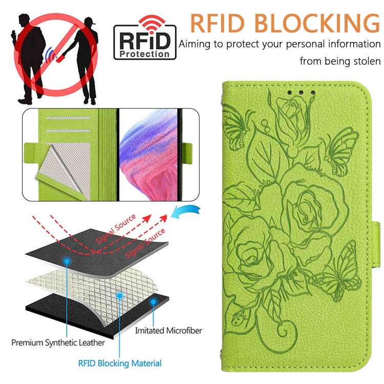 For Samsung Galaxy S25 5G Embossed Rose RFID Anti-theft Leather Phone Case(Green) For Samsung Galaxy S25 5G Embossed Rose RFID Anti-theft Leather Phone Case(Green)