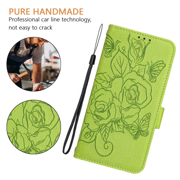 For Samsung Galaxy S25 5G Embossed Rose RFID Anti-theft Leather Phone Case(Green) For Samsung Galaxy S25 5G Embossed Rose RFID Anti-theft Leather Phone Case(Green)