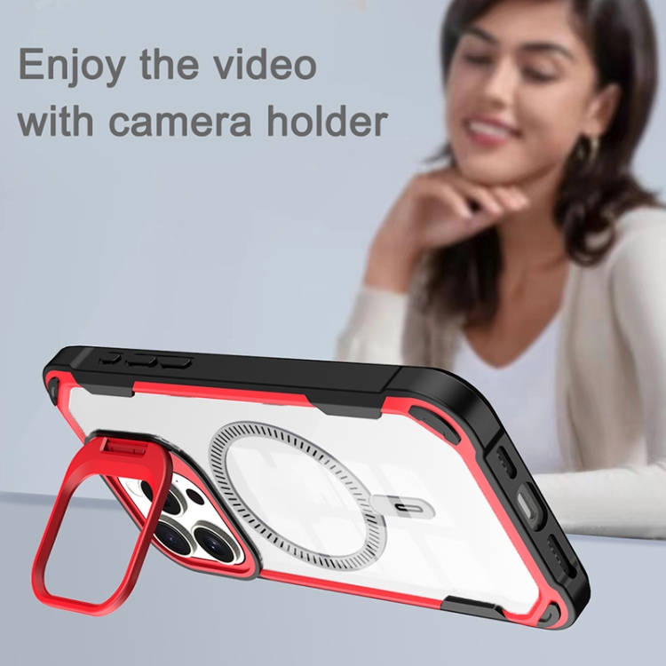 For iPhone 16 Transparent Acrylic MagSafe Lens Holder Phone Case(Orange) For iPhone 16 Transparent Acrylic MagSafe Lens Holder Phone Case(Orange)