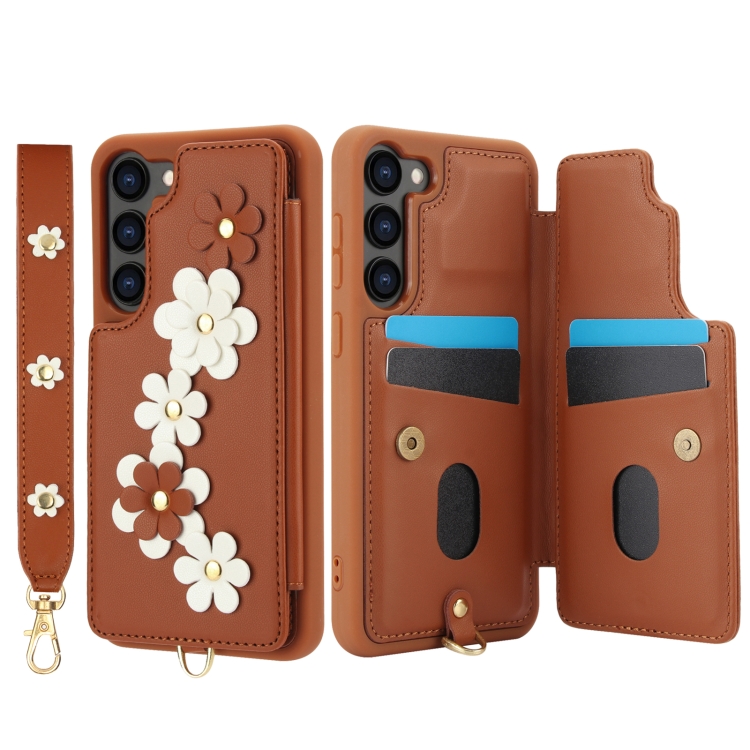 For Samsung Galaxy S22+ 5G Crossbody Flower Pattern Leather Phone Case(Brown) For Samsung Galaxy S22+ 5G Crossbody Flower Pattern Leather Phone Case(Brown)