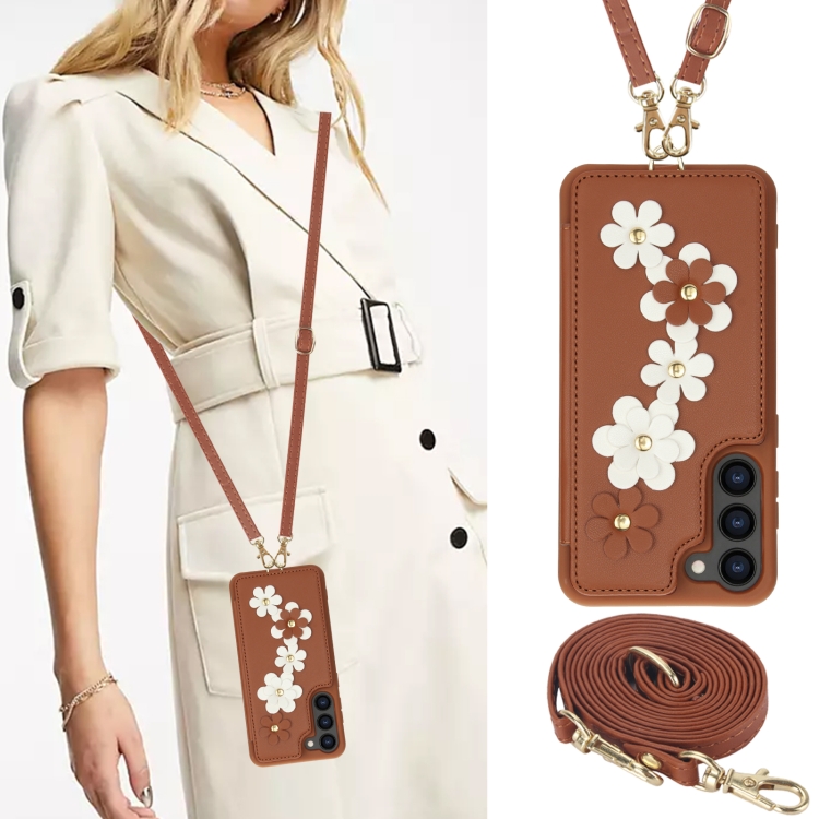 For Samsung Galaxy S22+ 5G Crossbody Flower Pattern Leather Phone Case(Brown) For Samsung Galaxy S22+ 5G Crossbody Flower Pattern Leather Phone Case(Brown)