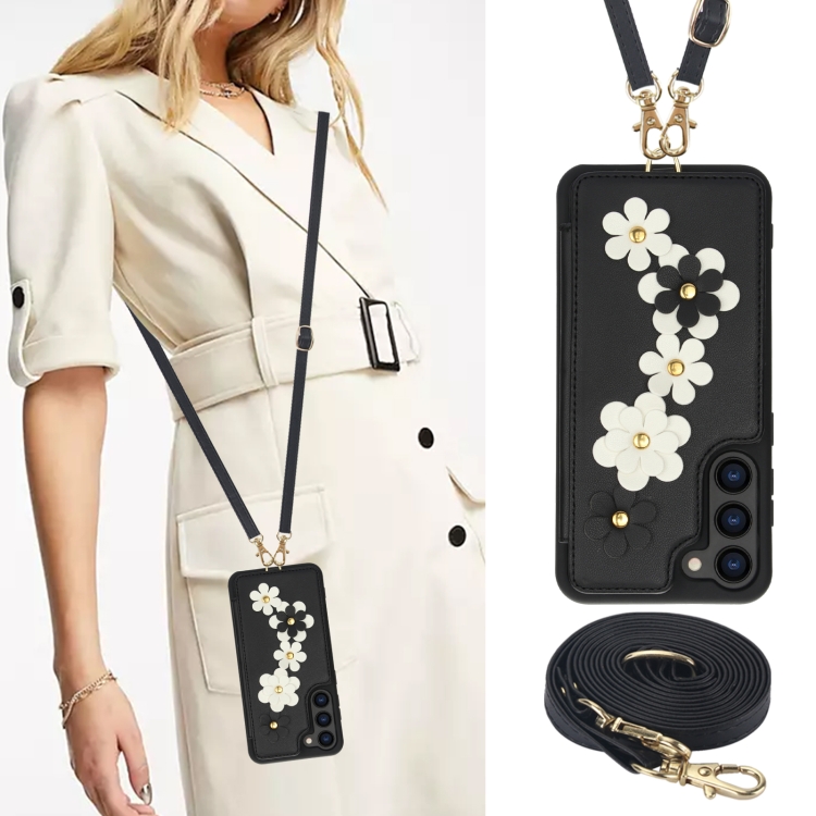 For Samsung Galaxy S23+ 5G Crossbody Flower Pattern Leather Phone Case(Black) For Samsung Galaxy S23+ 5G Crossbody Flower Pattern Leather Phone Case(Black)