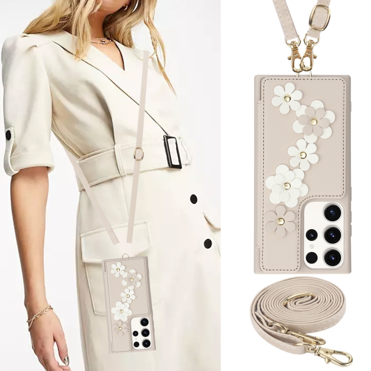 For Samsung Galaxy S23 Ultra 5G Crossbody Flower Pattern Leather Phone Case(White) For Samsung Galaxy S23 Ultra 5G Crossbody Flower Pattern Leather Phone Case(White)