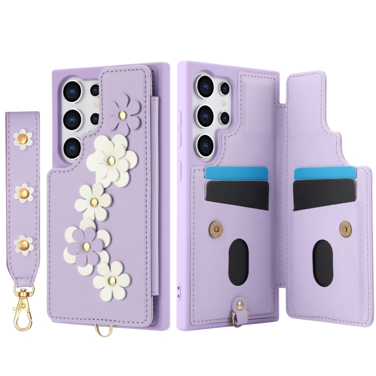 For Samsung Galaxy S24 Ultra 5G Crossbody Flower Pattern Leather Phone Case(Purple) For Samsung Galaxy S24 Ultra 5G Crossbody Flower Pattern Leather Phone Case(Purple)