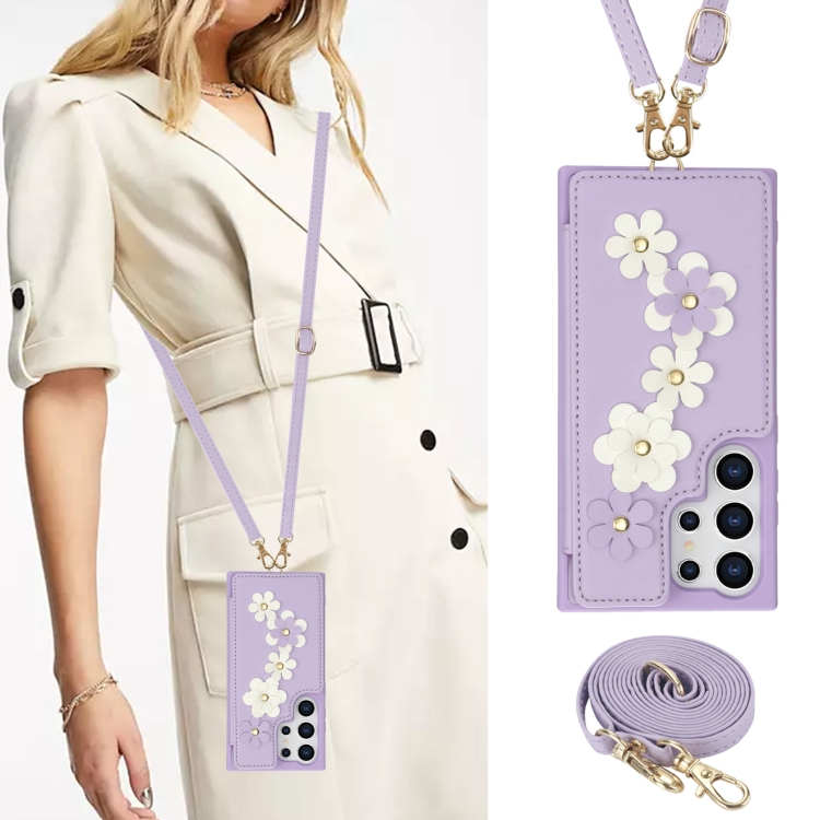 For Samsung Galaxy S24 Ultra 5G Crossbody Flower Pattern Leather Phone Case(Purple) For Samsung Galaxy S24 Ultra 5G Crossbody Flower Pattern Leather Phone Case(Purple)