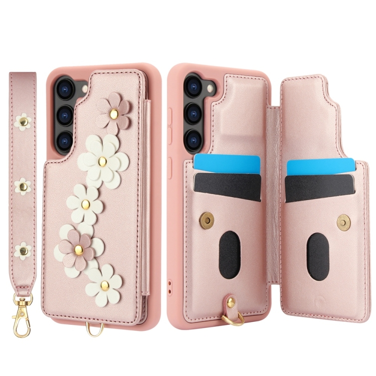For Samsung Galaxy S25 5G Crossbody Flower Pattern Leather Phone Case(Rose Gold) For Samsung Galaxy S25 5G Crossbody Flower Pattern Leather Phone Case(Rose Gold)