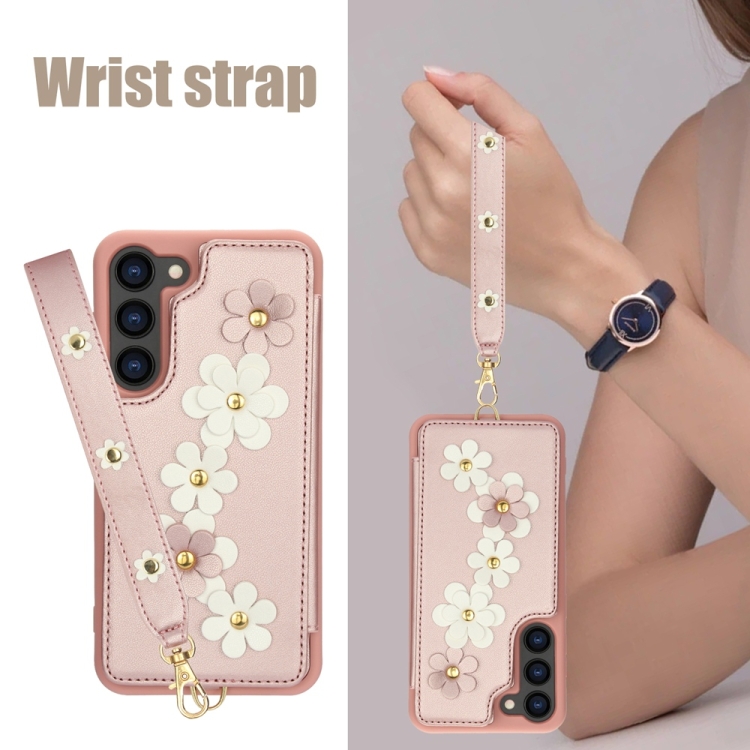 For Samsung Galaxy S25 5G Crossbody Flower Pattern Leather Phone Case(Rose Gold) For Samsung Galaxy S25 5G Crossbody Flower Pattern Leather Phone Case(Rose Gold)