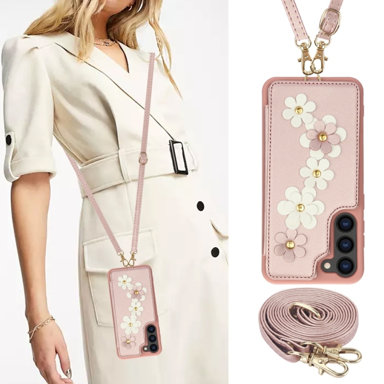 For Samsung Galaxy S25 5G Crossbody Flower Pattern Leather Phone Case(Rose Gold) For Samsung Galaxy S25 5G Crossbody Flower Pattern Leather Phone Case(Rose Gold)