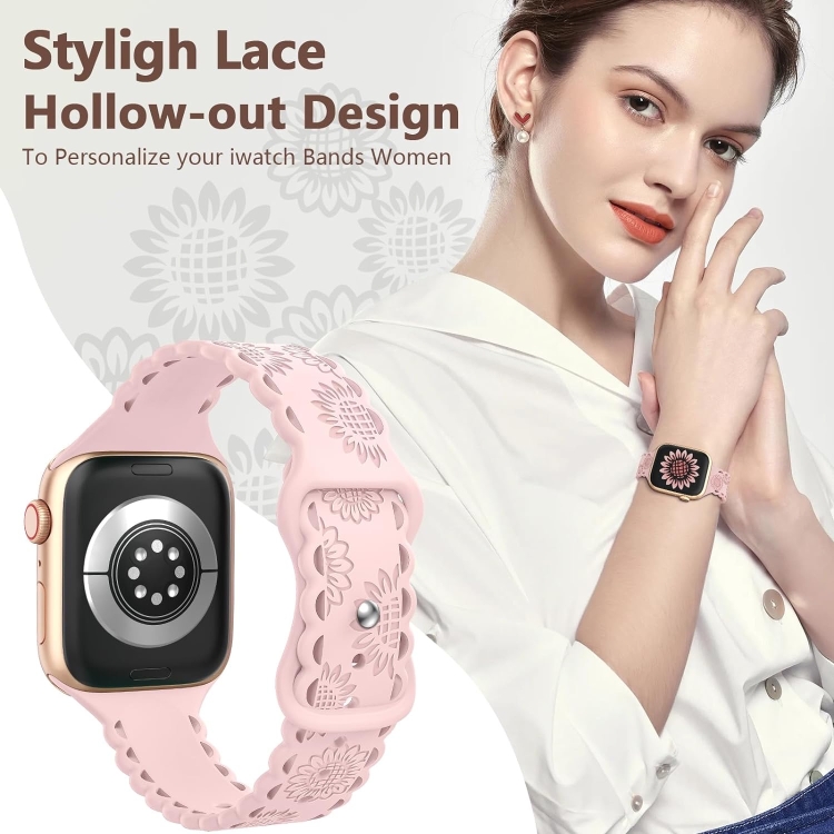 For Apple Watch Series 3 38mm Lace Sunflower Embossed Silicone Watch Band Pink