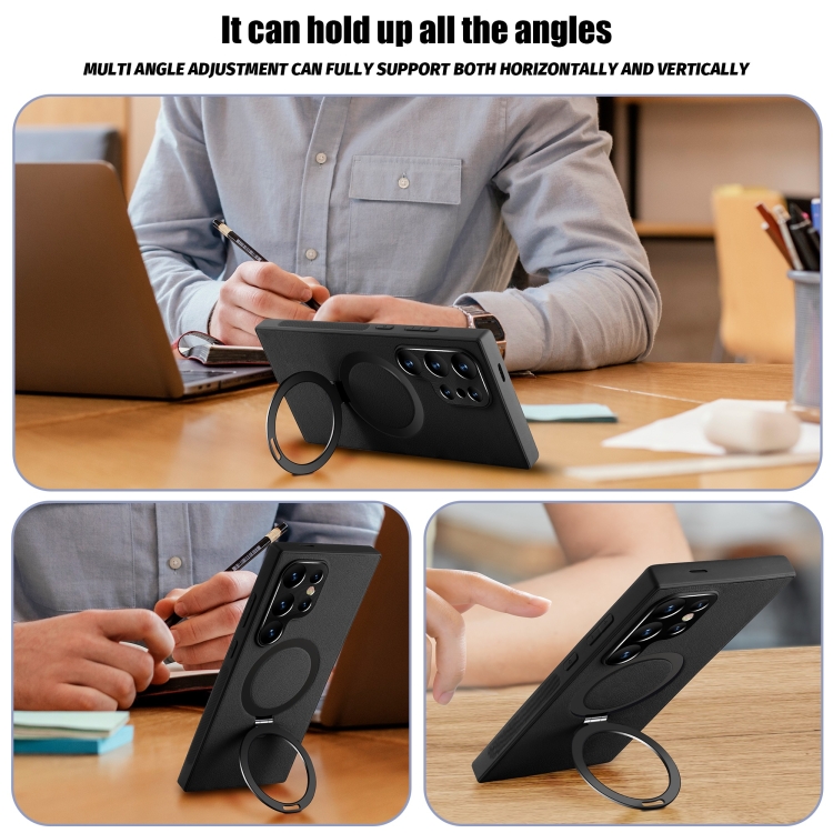 For Samsung Galaxy S22 Ultra 5G MagSafe Rotation Holder PC + Leather Phone Case(Black) For Samsung Galaxy S22 Ultra 5G MagSafe Rotation Holder PC + Leather Phone Case(Black)