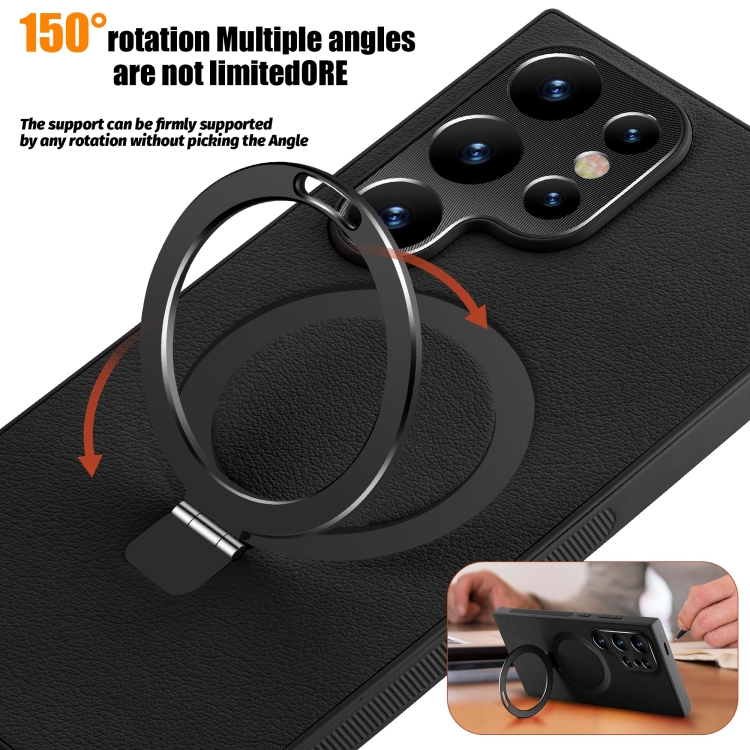 For Samsung Galaxy S22 Ultra 5G MagSafe Rotation Holder PC + Leather Phone Case(Black) For Samsung Galaxy S22 Ultra 5G MagSafe Rotation Holder PC + Leather Phone Case(Black)