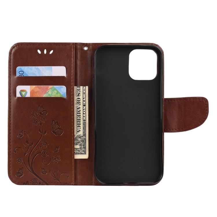 For iPhone 12 / 12 Pro Butterfly Flower Pattern Horizontal Flip Leather Case with Holder & Card Slots & Wallet(Brown) For iPhone 12 / 12 Pro Butterfly Flower Pattern Horizontal Flip Leather Case with Holder & Card Slots & Wallet(Brown)