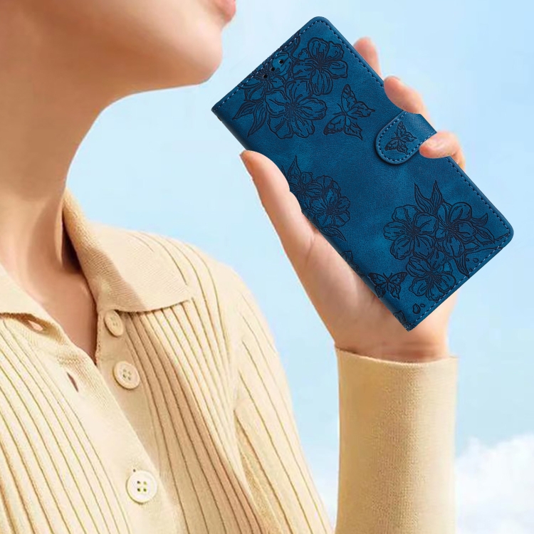 For Samsung Galaxy S25 Ultra 5G Cherry Blossom Butterfly Skin Feel Embossed PU Phone Case(Blue) For Samsung Galaxy S25 Ultra 5G Cherry Blossom Butterfly Skin Feel Embossed PU Phone Case(Blue)