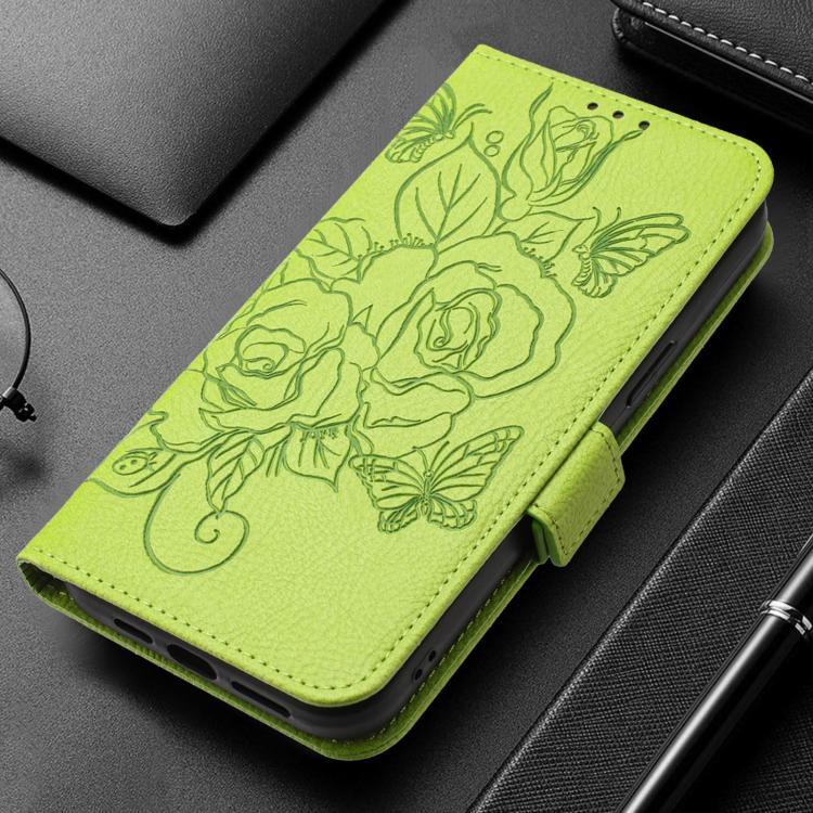 For Xiaomi Poco M7 4G 169mm Embossed Rose RFID Anti-theft Leather Phone Case(Green)