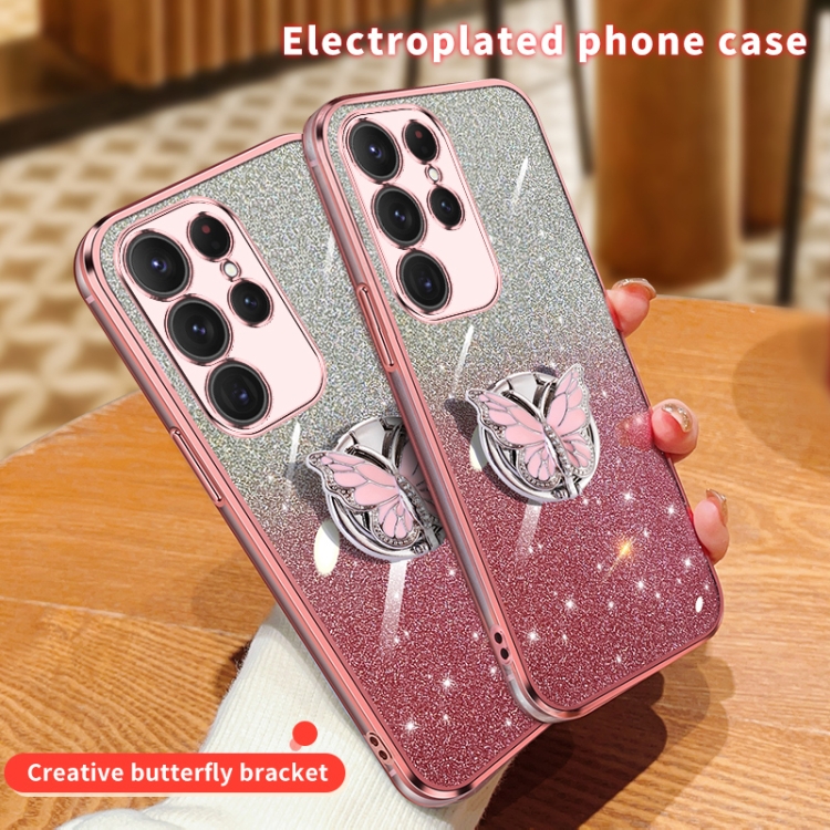 For Samsung Galaxy S24 Ultra 5G Plated Gradient Glitter Butterfly Holder TPU Phone Case(Pink) For Samsung Galaxy S24 Ultra 5G Plated Gradient Glitter Butterfly Holder TPU Phone Case(Pink)