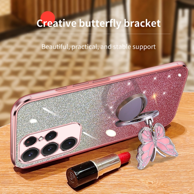 For Samsung Galaxy S24 Ultra 5G Plated Gradient Glitter Butterfly Holder TPU Phone Case(Pink) For Samsung Galaxy S24 Ultra 5G Plated Gradient Glitter Butterfly Holder TPU Phone Case(Pink)