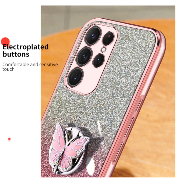 For Samsung Galaxy S24 Ultra 5G Plated Gradient Glitter Butterfly Holder TPU Phone Case(Pink) For Samsung Galaxy S24 Ultra 5G Plated Gradient Glitter Butterfly Holder TPU Phone Case(Pink)