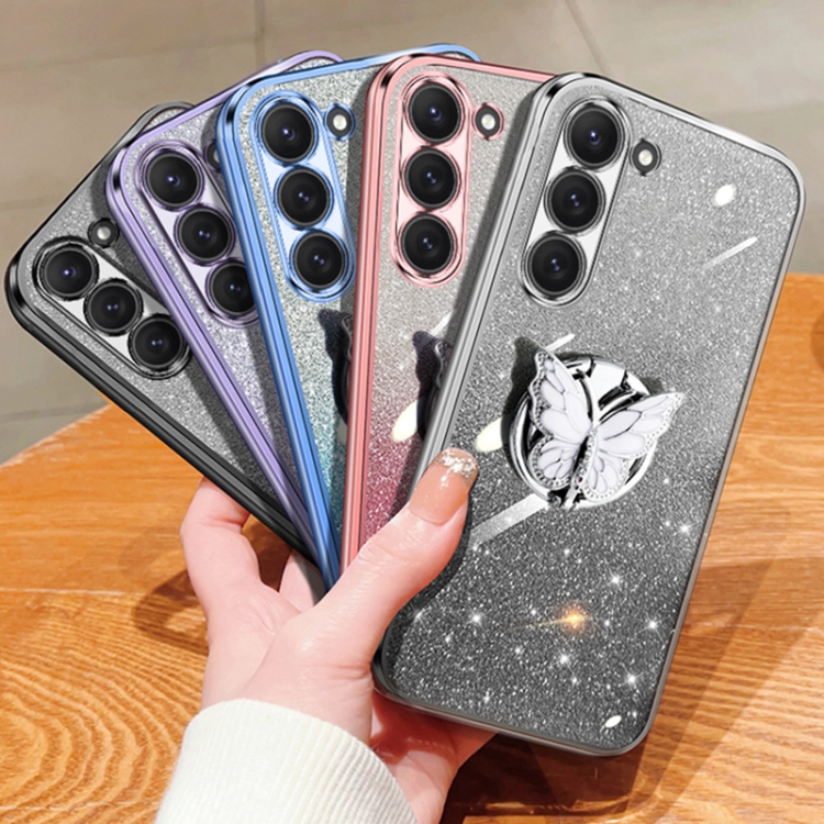 For Samsung Galaxy S23+ 5G Plated Gradient Glitter Butterfly Holder TPU Phone Case(Sierra Blue)
